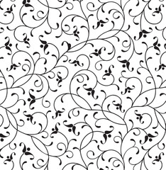 Seamless black and white floral pattern vector design with vintage swirl leaf and plant elements