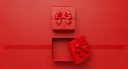 Red gift box with lid and ribbon on red background red box white lid