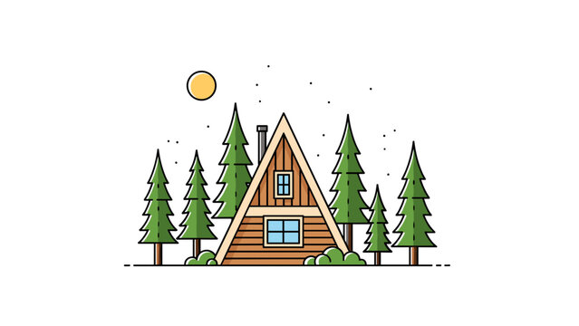 Charming Aframe cabin nestled among pine trees under a bright sun.