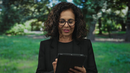 Fototapeta premium Woman outdoors in park using tablet device surrounded by lush greenery showcasing relaxed technology usage in a natural setting.
