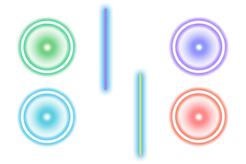 Vibrant neon circles and lines in green blue purple and red glow against a dark background abstract