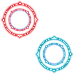 Two glowing neon circular targets one red and one blue with starburst accents on a black background