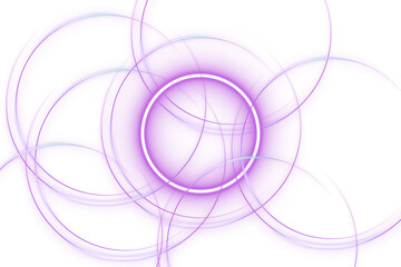 Abstract glowing purple neon ring illuminates a dark background with intersecting circular light trails