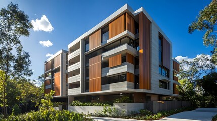 Modern residential urban apartment building exterior with blue sky and balcony