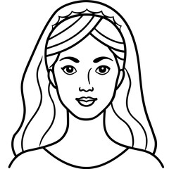 Elegant woman outline portrait with long flowing hair and decorative headband, simple girl design, vector art, black lines illustration