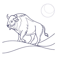 Bison outline illustration with moon, perfect for coloring books and educational resources depicting wildlife animals in minimalist style