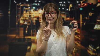 Woman points finger at car key held in left hand while holding remote key fob near shoulder, wearing red glasses and white tee inside shop building; friendly assistance.