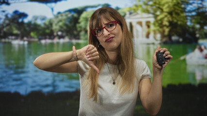 Young woman holding car keys and showing thumbs down in park by lake wearing red glasses and white t shirt; car trouble frustration.