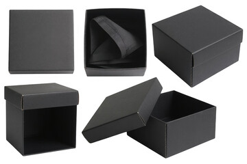 Black gift boxes open and closed on transparent background isolated on a transparent background