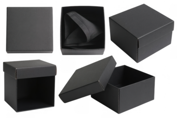 Black gift boxes open and closed on transparent background isolated on a transparent background