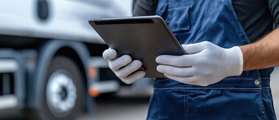 Worker in gloves uses tablet to manage logistics at a transportation site during day time