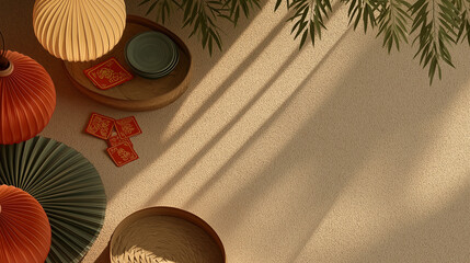 Tranquil Asian Art Arrangement:  An artistic composition featuring decorative paper lanterns and plates casts soft shadows, evoking a sense of calm and aesthetic pleasure.