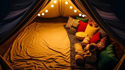 Cozy and inviting tent interior with pillows and string lights, perfect for a relaxing getaway. The tent setup exudes warmth and comfort