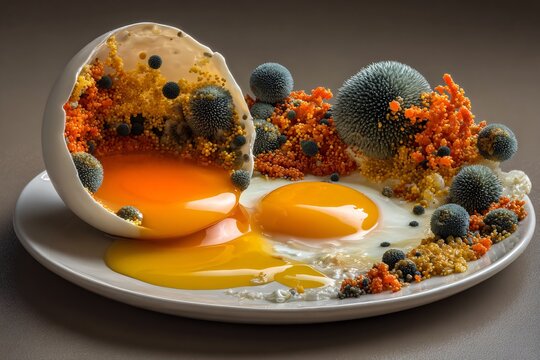 A surreal and unsettling image of a fried egg with fungal spores and growths on a plate.