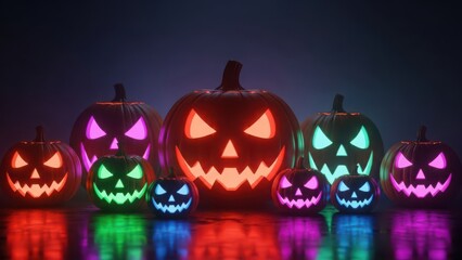 Colorful jack o lanterns in various sizes with glowing eyes and teeth on dark background for halloween