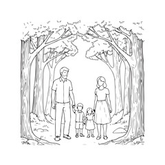 Happy Family Walking in Forest Line Art