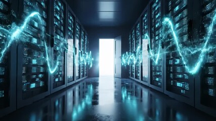 Digital data flow in a dark server room with glowing blue abstract energy wave passing through server rack - Powered by Adobe