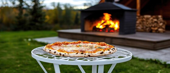 Delicious pizza resting on a white table near a cozy outdoor fireplace on a calm evening