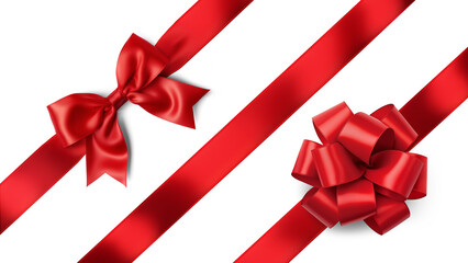 Two festive red bows and satin ribbon isolated on transparent background.