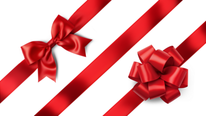 Two festive red bows and satin ribbon isolated on transparent background.