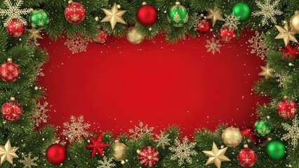 Christmas border with green leaves, red and green baubles, gold stars, and snowflakes on red background for holiday greeting cards and festive invitations