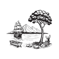 palm trees on the beach engraving outline vector art illustration design, palm tree silhouette, hand drawn beach drawing, line art palm tree, sea, beach, summer view, vintage palm tree on sea beach.