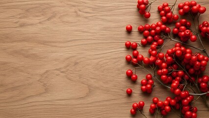 A close-up shot of vibrant red berries arranged on a wooden surface, with a natural and organic feel. The berries are clustered together, showcasing their rich color and texture, with warm lighting