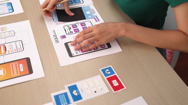 Panorama video of startup company employee planning on user interface prototype for mobile application or website in office. UX UI designer brainstorm designing user friendly interface plan. Synergic
