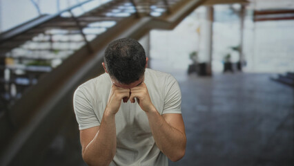 Man rubbing his eyes with both hands while seated near an escalator in a building shopping center; fatigue concern isolation.