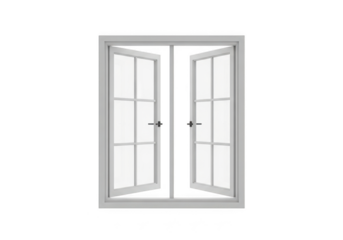 Open french casement window with white frame and glass panes, isolated on transparent background