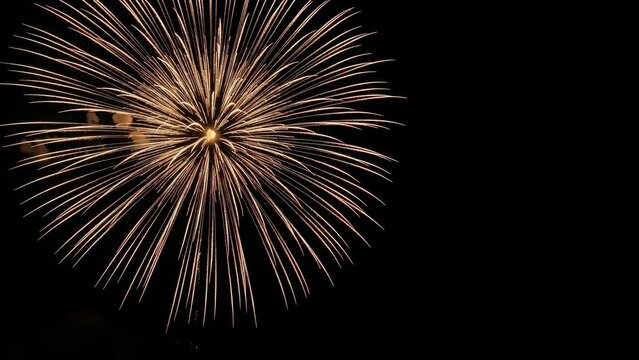 Vibrant fireworks exploding in the night sky with bright orange and yellow sparks - Powered by Adobe