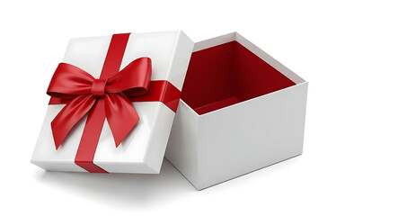 White gift box with red ribbon and open lid white box present