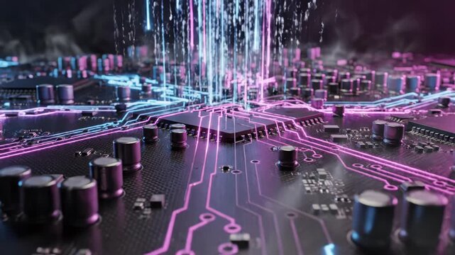 Closeup of glowing blue and pink circuit board traces and electronic component capacitors in a dark, futuristic setting