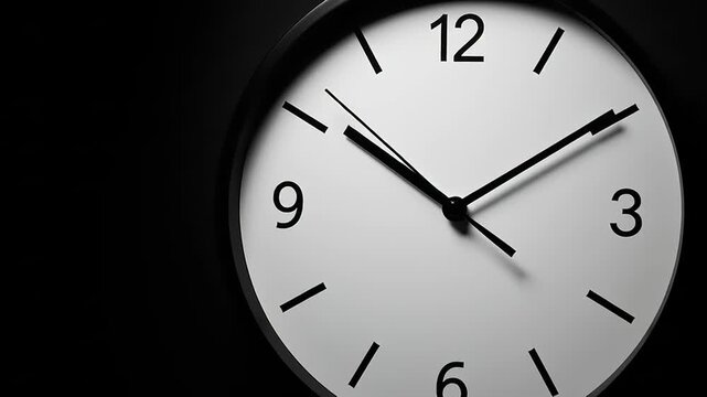 Close-up of a classic analog clock face showing the time on a black background.