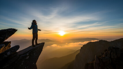 Fototapeta premium A person standing at the edge of a cliff facing sunrise, arms slightly open, conveying hope and courage.