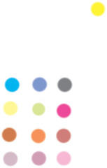 Collection of twelve colorful, slightly blurred circular dots arranged in a grid on a, with one yellow dot isolated in the upper right corner