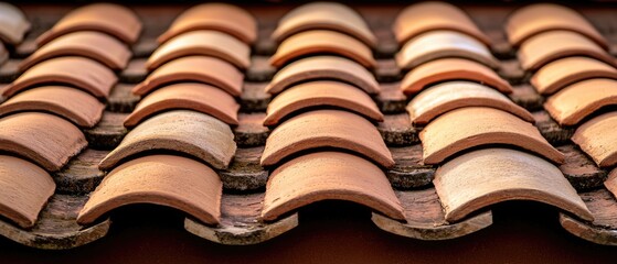 Roof tiles arranged in a pattern creating a textured surface in warm sunlight near a historical building in a quaint town