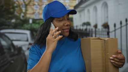Delivery woman in blue cap and shirt holds cardboard box and speaks on phone in city street;...