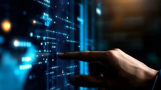 Businessperson interacting with futuristic digital data screen displaying blue graphs and codes