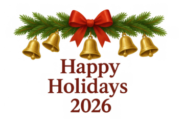 Happy holidays 2026 greeting banner with pine garland, red bow, and golden bells, transparent background