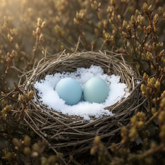 Obraz premium Rustic nest with two pale blue eggs on snow, golden hour — Easter card