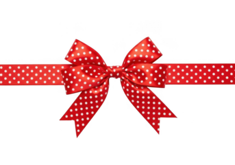 A festive red ribbon with white polka dots tied into a bow, isolated on a transparent background