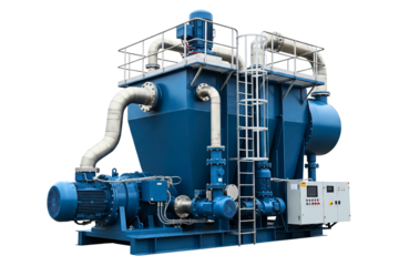 Industrial wastewater treatment and sludge dewatering system isolated on a transparent background