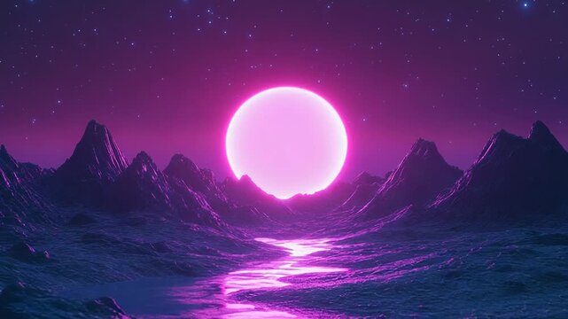 Synthwave landscape with glowing pink sun and river