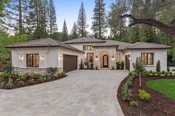 Modern house in a wooded area with a paved driveway