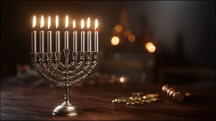 Fototapeta premium Lit Hanukkah Menorah, Chanukiah, on a Dark Wooden Table. Dramatic, Low-Key Holiday Lighting. polished silver or brass, with nine candles.