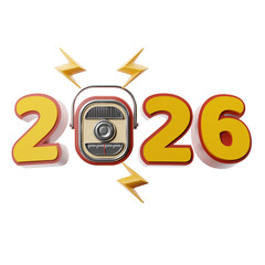 Minimal 2026 with vintage speaker and lightning bolts. 3D illustration.
