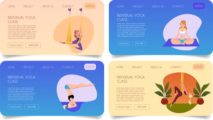 Yoga studio, individual yoga class advertising landing page vector set, woman practicing aerial yoga on the hanging rope
