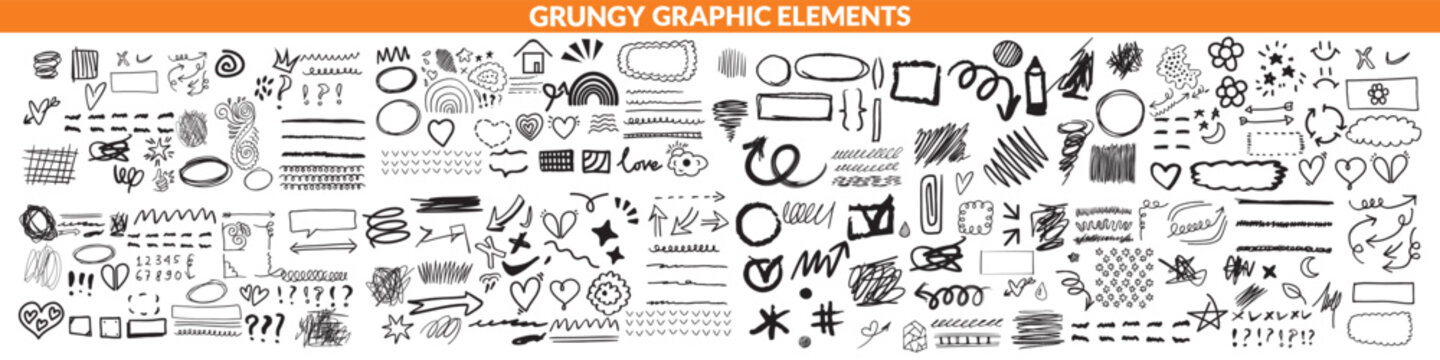 Vector set of grungy graphic elements. Street art texture hand drawn pencil underlines and strikethrough, scribble emphasis lines, crazy hatches, ovals and crosses. Each element is united and isolated