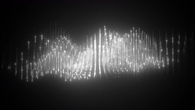 Loopable monochrome waveform animation with glowing light particles &ndash; perfect for music visualizers, audio branding, and VJ sets